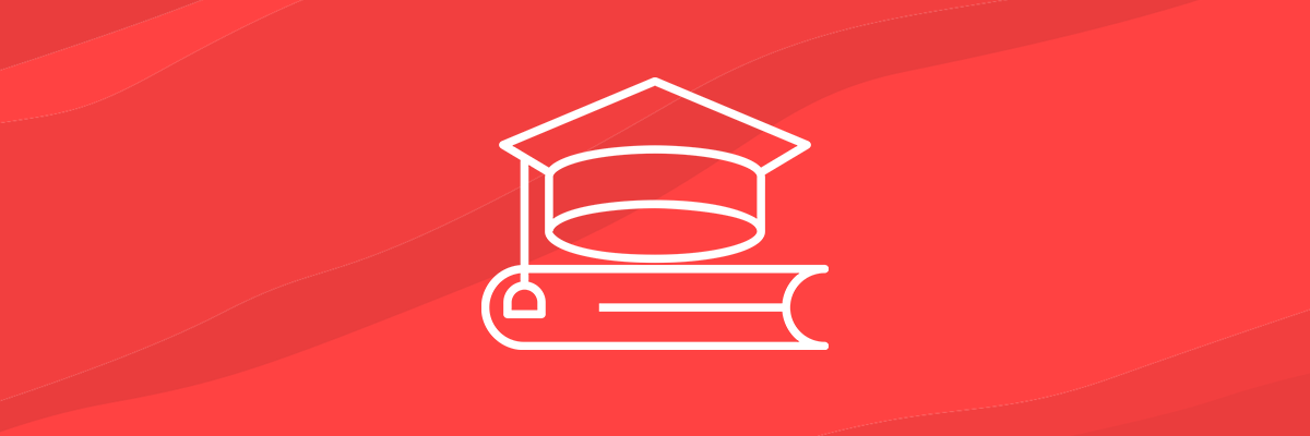 A graduation cap sits atop a closed book, both drawn in white outline against a red backdrop