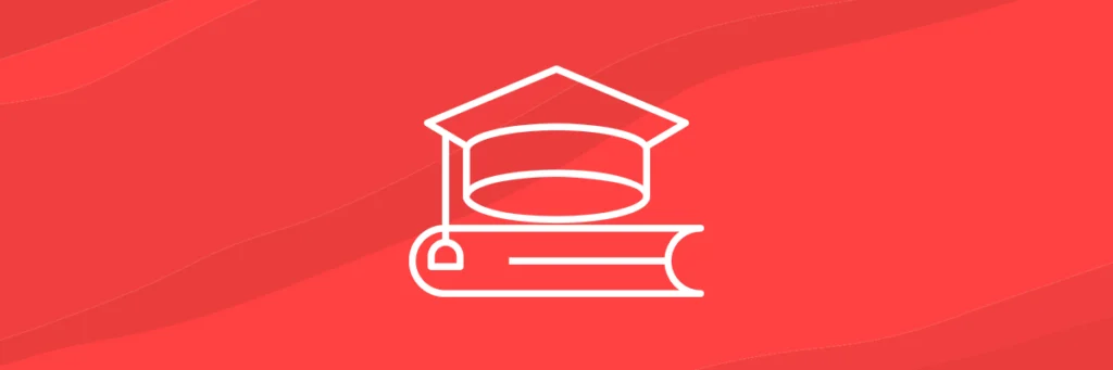 White pictogram of a graduation cap sitting on a closed book.