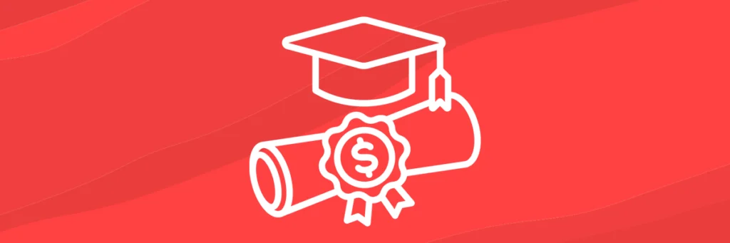 Pictogram of a graduaion cap and a rolled diploma, in white against a red background
