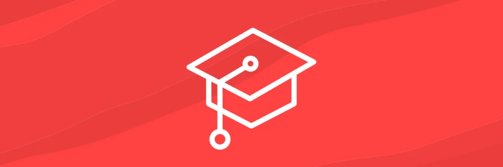 A white, outlined graduation cap against a red background.