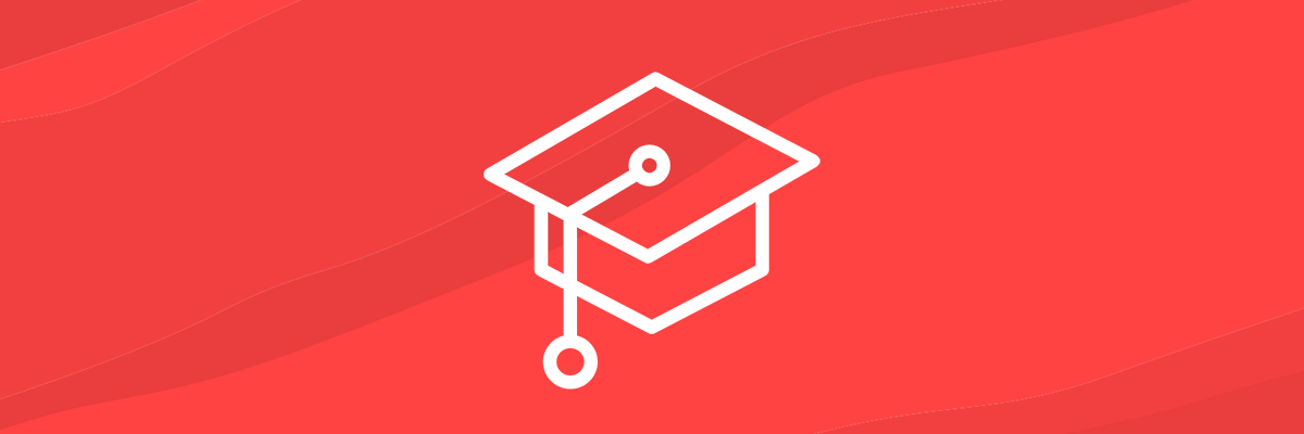 A white, outlined graduation cap against a red background.