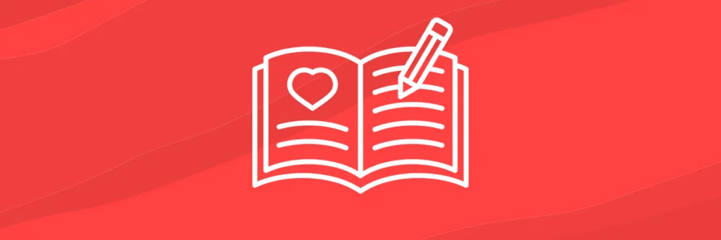 Pictogram of an open journal with a pen writing in it, in white against a red background.