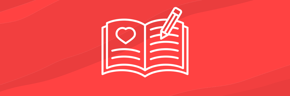 Pictogram of an open journal with a pen writing in it, in white against a red background.