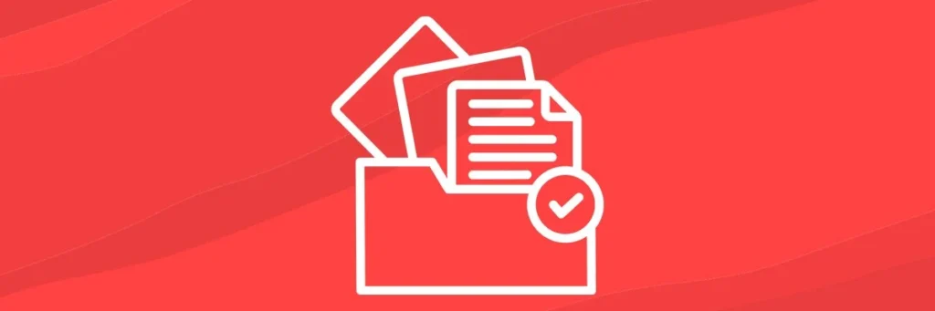 Paper files in a folder. Drawn in white against a red background.